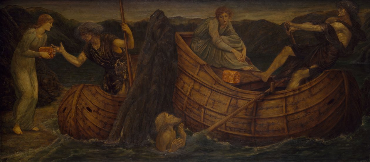 Amor und Psyche - Palastgrüne Wandgemälde - Psyche gibt dem Fährmann des Styx die Münze von Sir Edward Coley Burne Jones