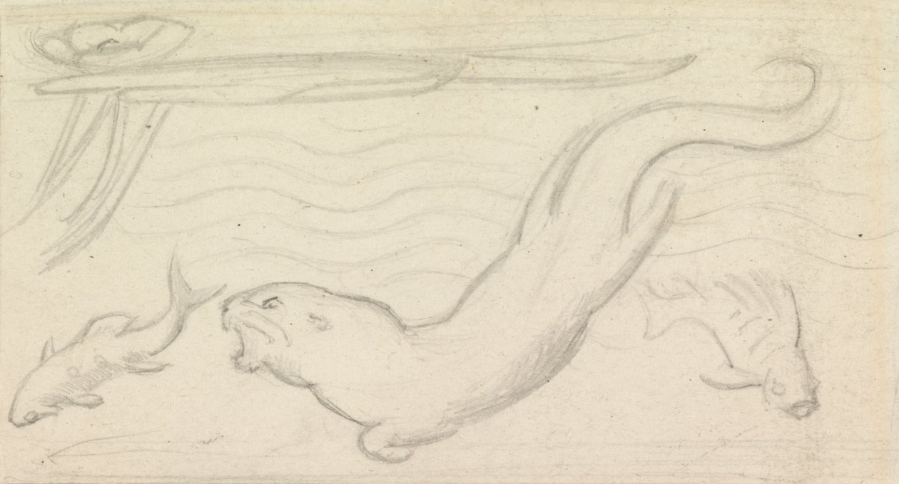 Studie für Buntglas, ein Otter und zwei Fische von Sir John Everett Millais