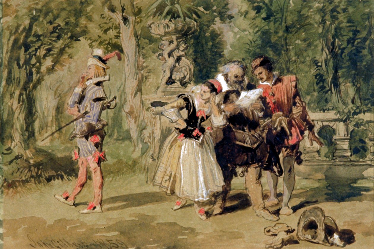 Sir Andrew Aguecheek schreibt eine Herausforderung, 1859 von Sir John Gilbert
