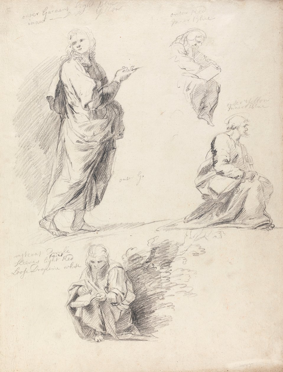 Blatt mit Figurenstudien aus Raphaels Disputation (mit separatem Blatt mit Inschrift) von Sir Joshua Reynolds