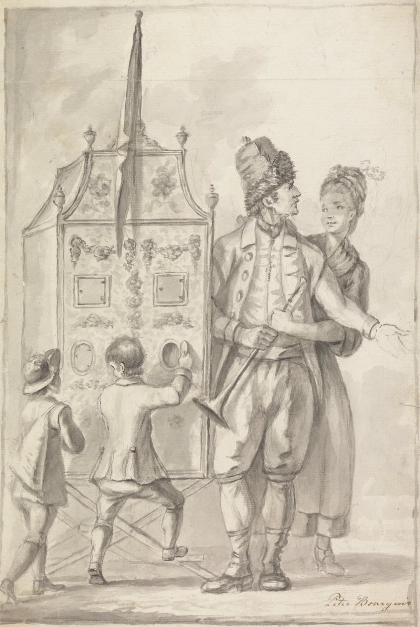 Studie eines Guckkastens mit zwei Begleitfiguren und zwei Kindern von Sir Peter Francis Bourgeois