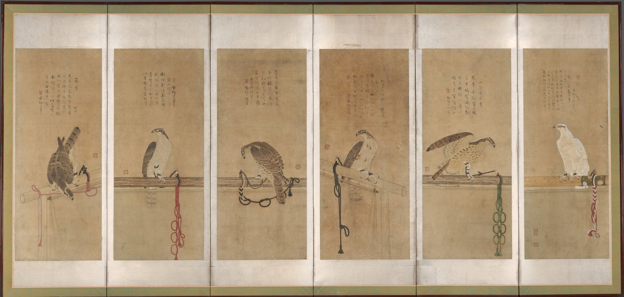 Angebundene Falken, vor 1606 von Soga Chokuan