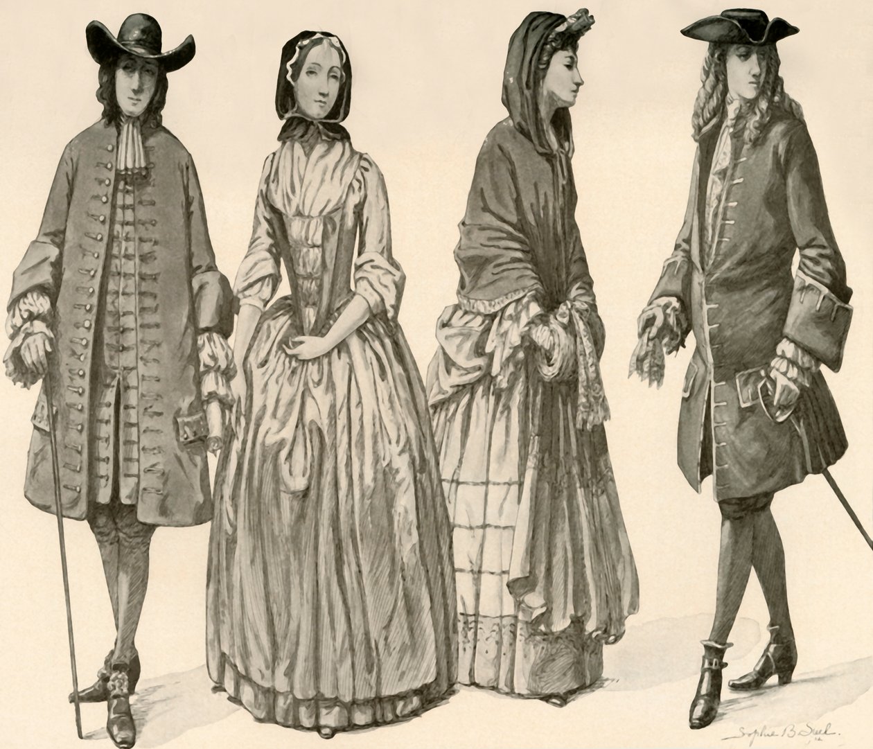 Kleidung während der Herrschaft von Karl II., Jakob II., Wilhelm und Maria 1682-1700, 1903, 1937 von Sophie B. Steel