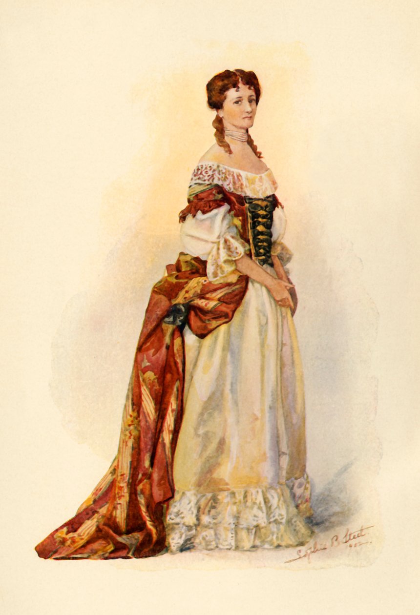 Kleid aus rotem Brokat, getragen in der Kolonie Barbados ca. 1685, 1903, 1937 von Sophie B. Steel