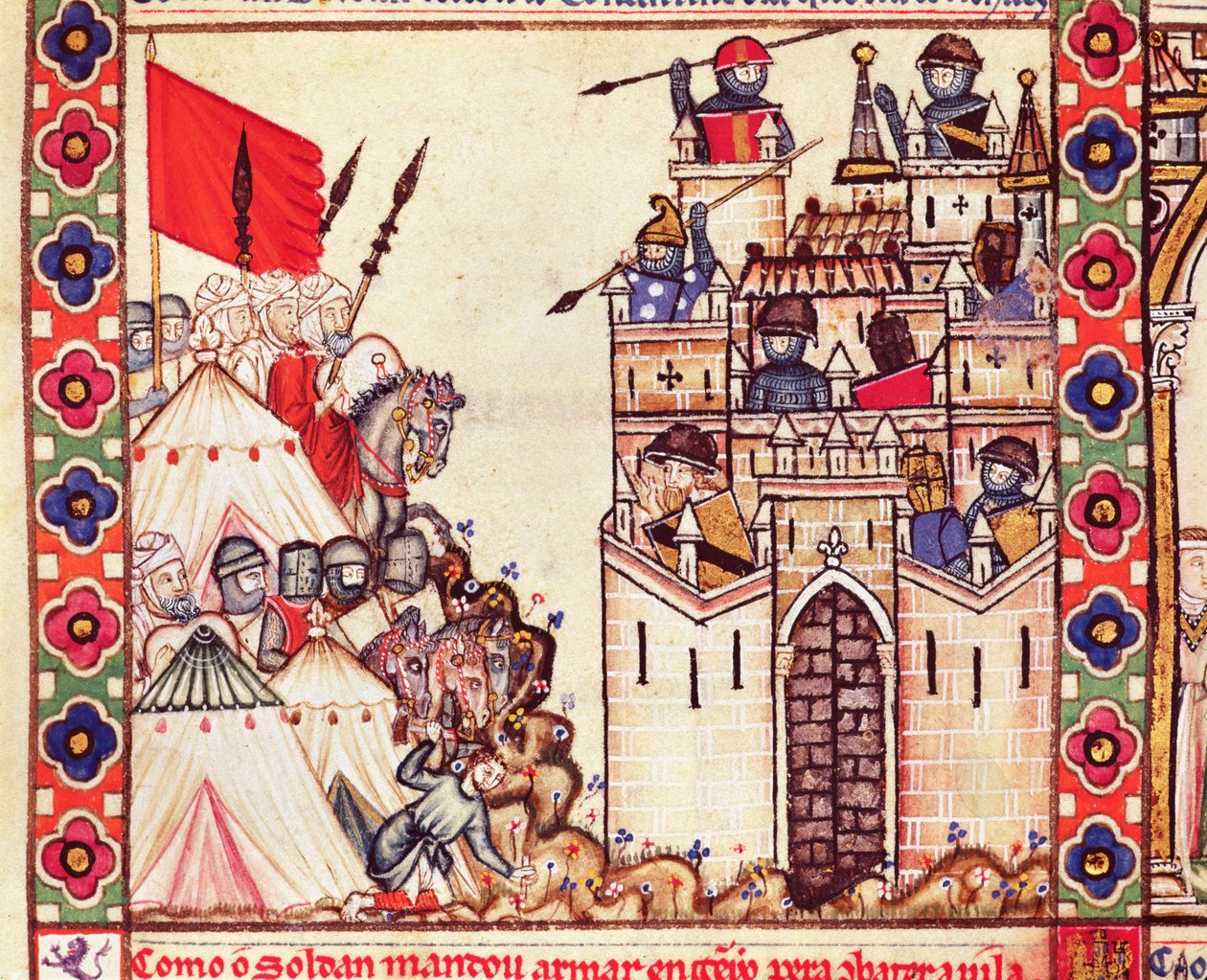 Detail von Cantiga 28, das Soldaten zeigt, die Konstantinopel umzingeln, das in den Händen der Christen war, geschrieben in Galicisch für Alfons X. von Spanish School