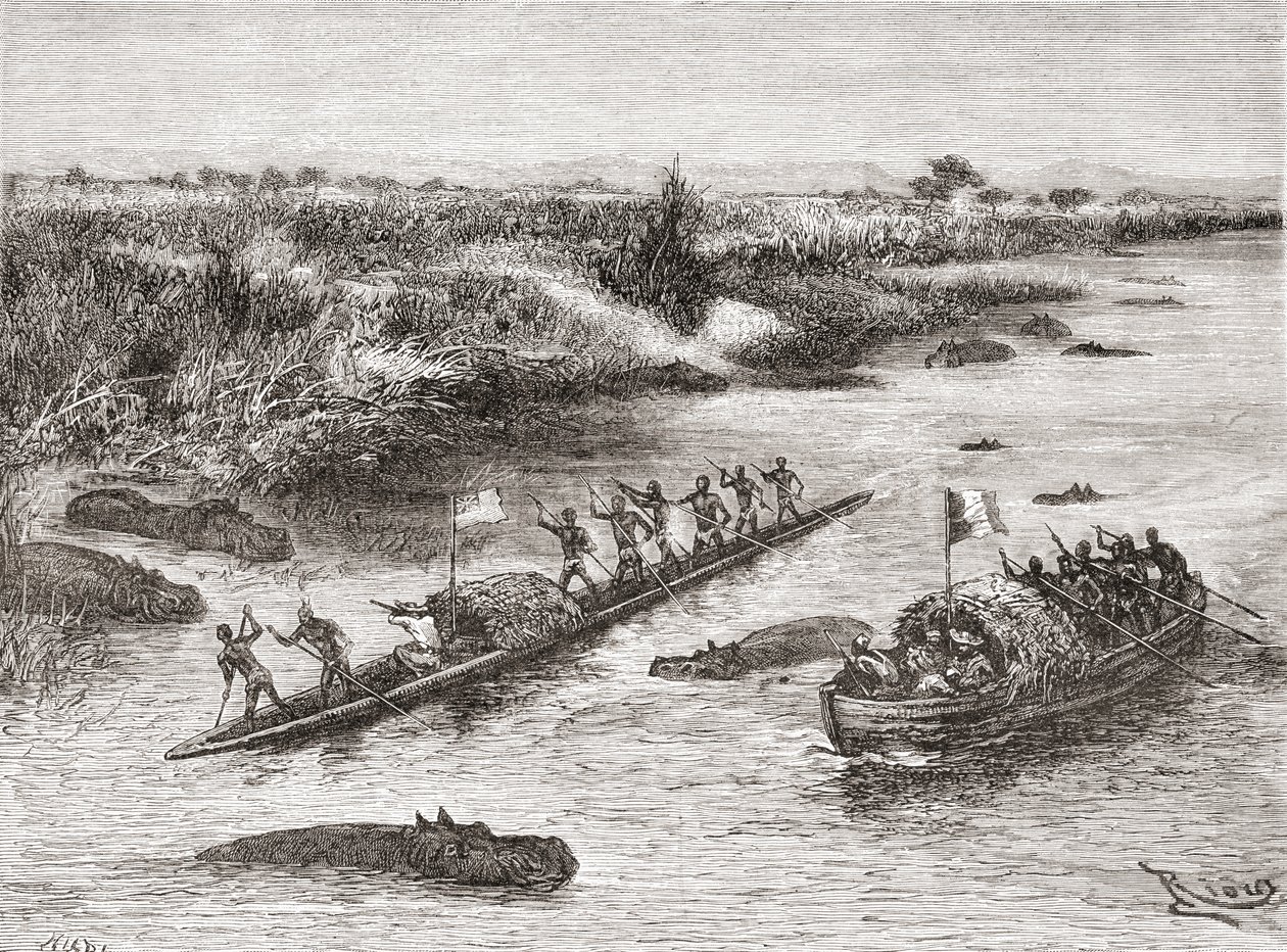 Französische und britische Entdecker jagen Nilpferde am Kongo-Fluss im 19. Jahrhundert, aus 