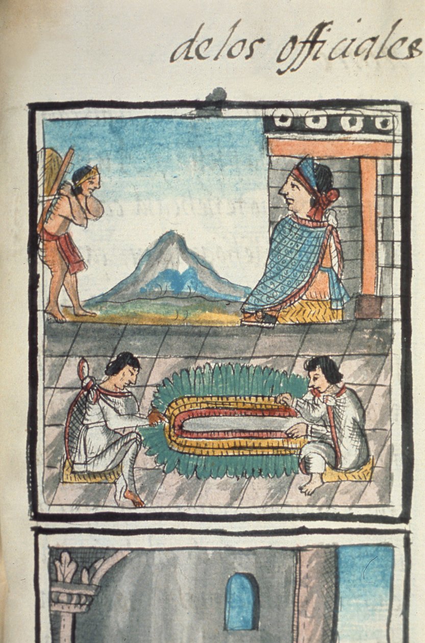 Ms Palat. 218-220 Buch IX Handwerker aus dem Palast der aztekischen Herrschaft, die Federkopfschmuck herstellen, aus einem Bericht über aztekische Handwerke in Zentralmexiko, geschrieben und illustriert von Bernardino de Sahagun, Spanisch von Spanish School