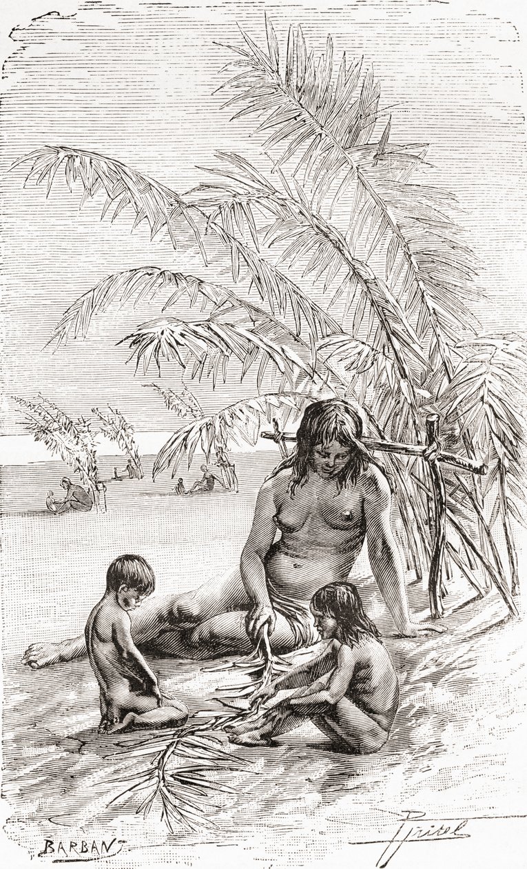 Eine Familie von Sápura-Eingeborenen auf einer Sandbank am Napo-Fluss, Ecuador von Spanish School
