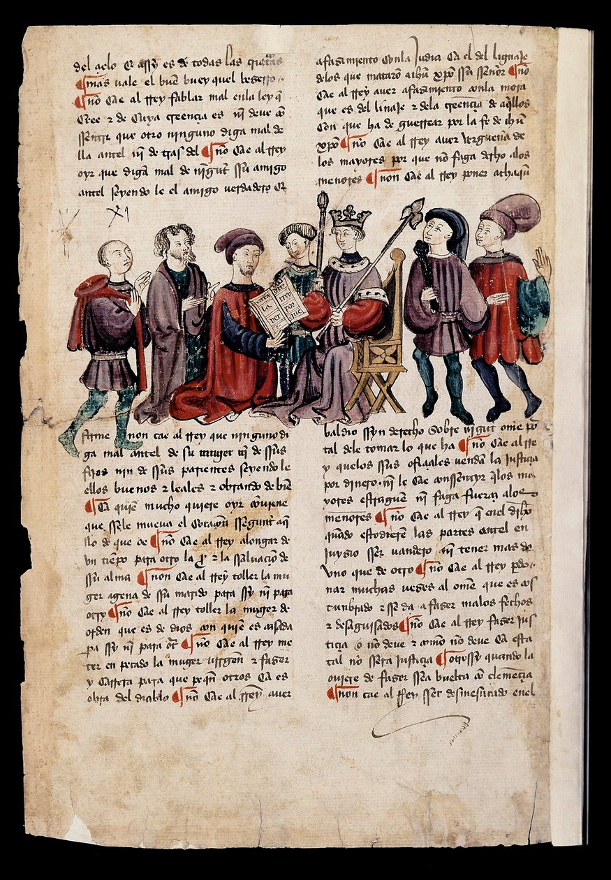 Ein Mann überreicht dem König ein Buch, Miniatur in "Libro de los Castigos o Documentos para Bien Vivir" von Spanish School
