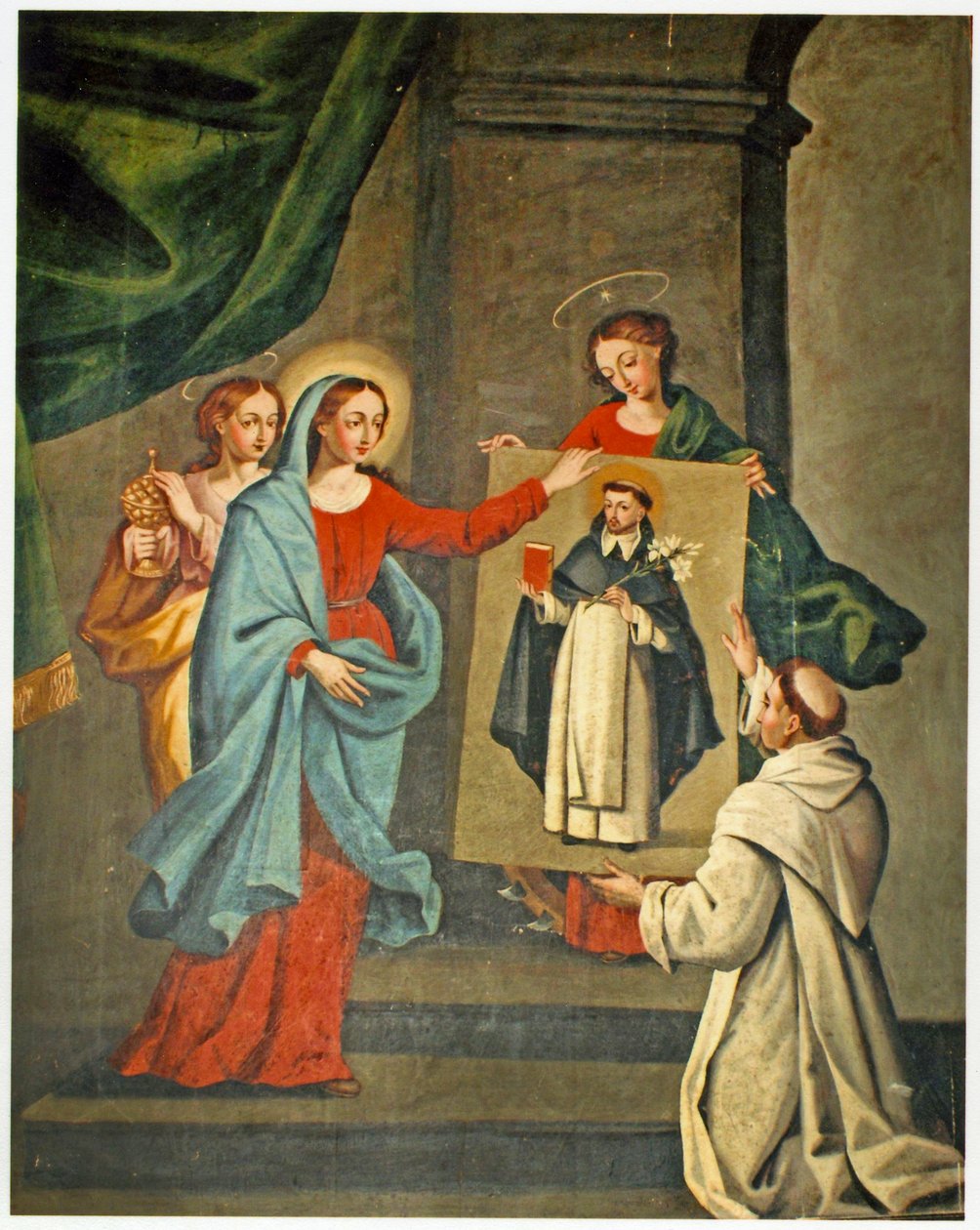 Ein Heiliger präsentiert ein Porträt von St. Dominikus der Jungfrau Maria von Spanish School