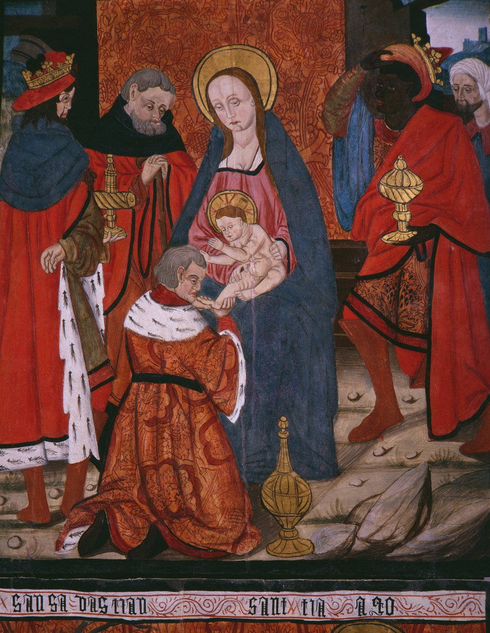Anbetung der Heiligen Drei Könige, Tafel aus der Kirche San Andres von Tortura, spätes 15. Jahrhundert - frühes 16. Jahrhundert (bemaltes Holz) von Spanish School