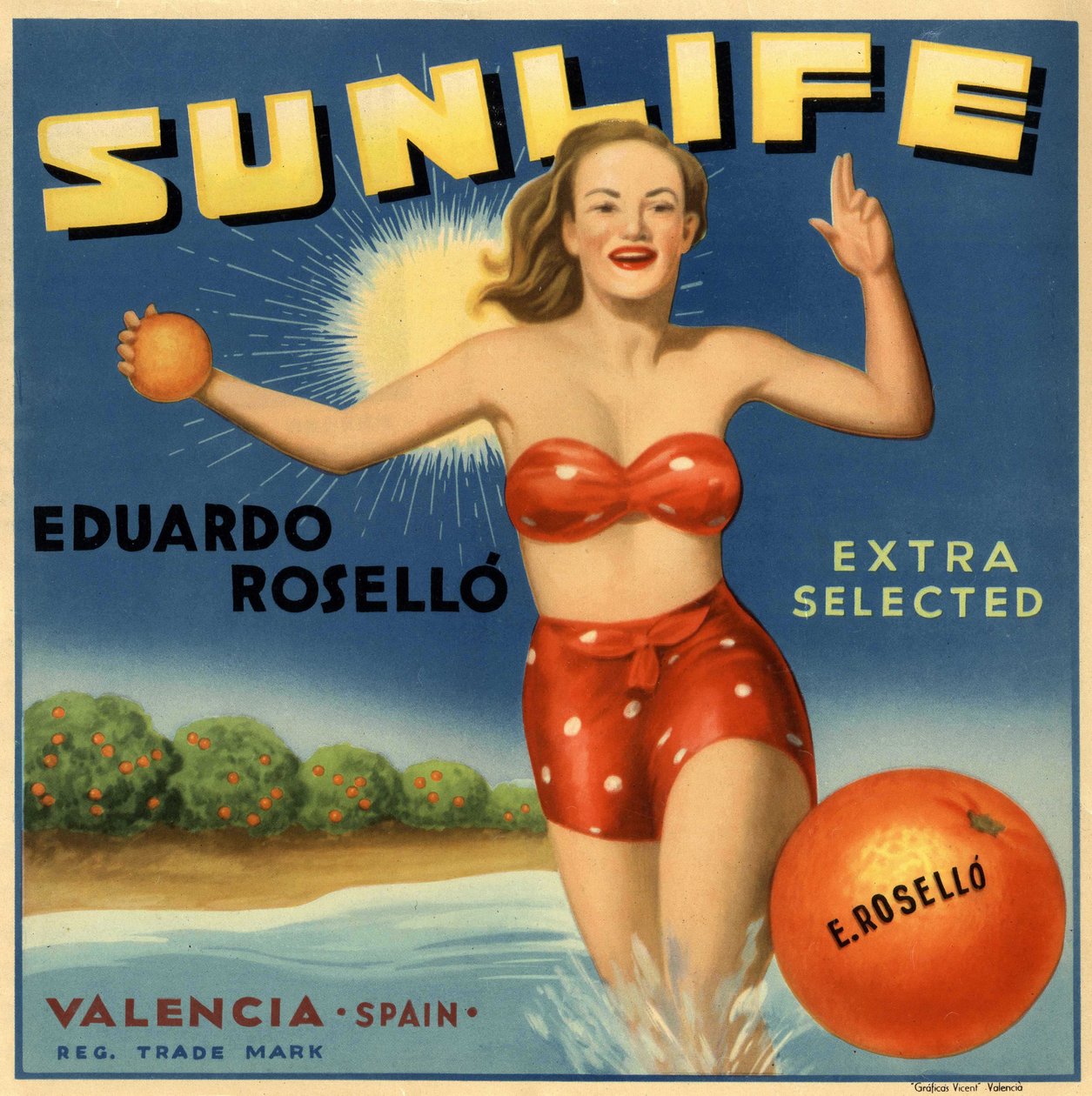 Werbung für Orangen, Bild einer Frau im Badeanzug. Werbeplakat, Valencia von Spanish School