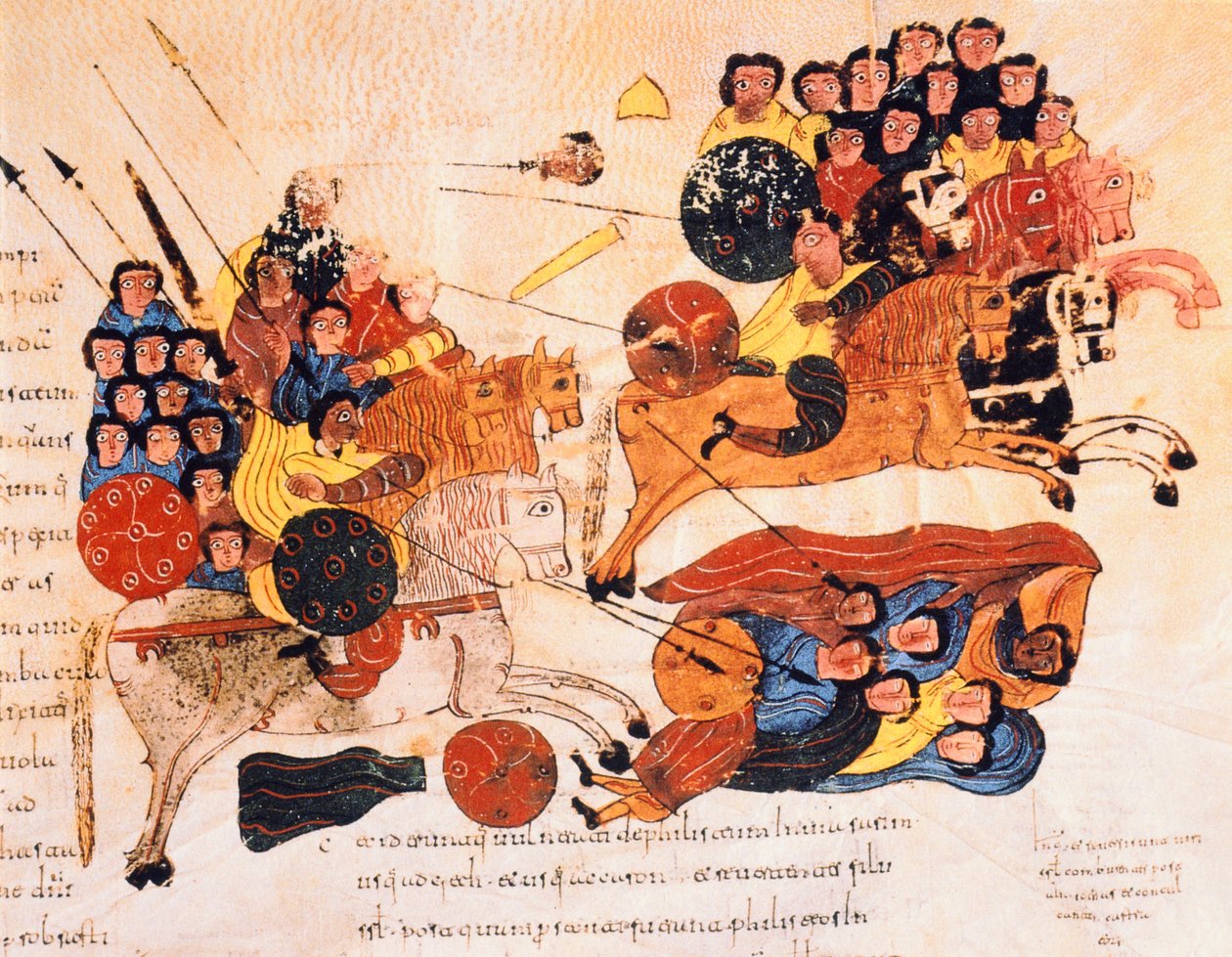 Schlacht zwischen den Hebräern und den Philistern, aus der Westgotisch-Mozarabischen Bibel von St. Isidores, fol.119r., 960 n. Chr. (Tempera auf Pergament) von Spanish School