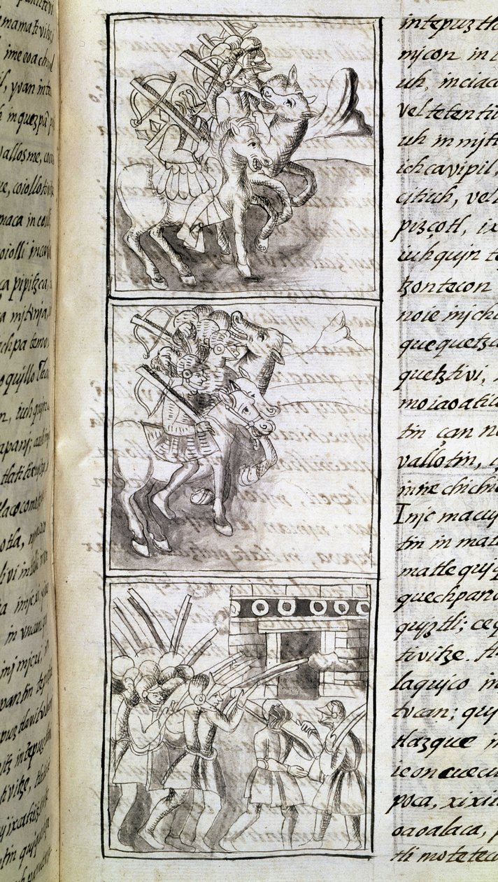 Codex der Eroberung Mexikos: Die Spanier bereit zum Angriff auf die Stadt Tenochtitlan. Miniatur des Florentiner Manuskripts 