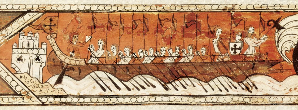 Kassettendeckenpaneel mit Rittern, Galeeren und einem Boot mit hohem Schanzkleid (Detail) von Spanish School