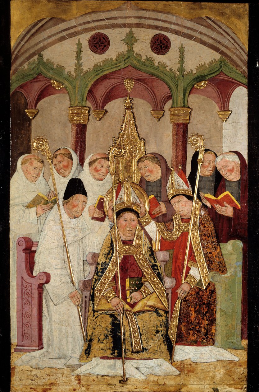 Weihe eines Bischofs. Gemälde auf Holz aus der spanischen Schule. 15. Jahrhundert Bayonne, Bonnat Museum von Spanish School