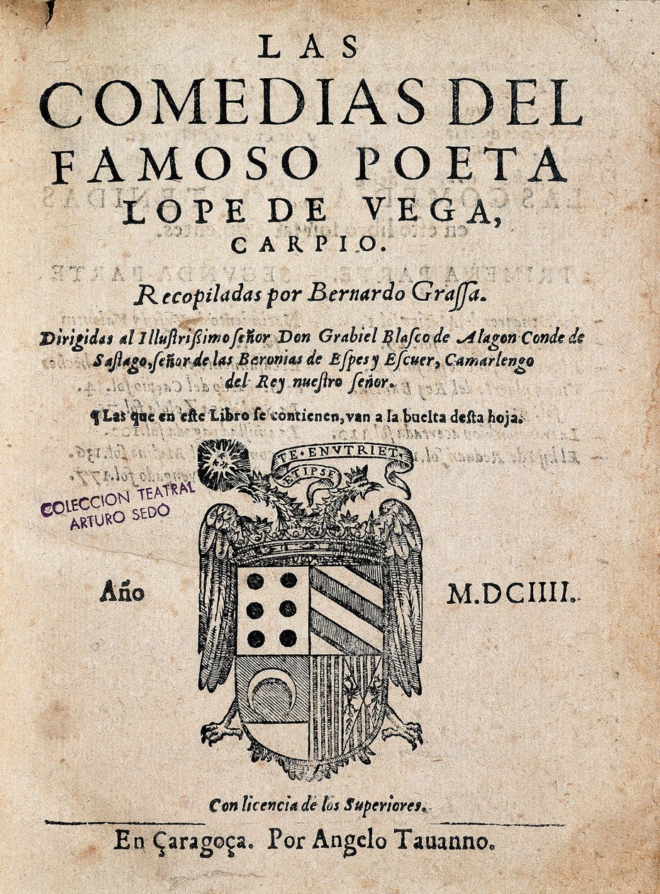 Titelblatt von Las comedias del famoso poeta Lope de Vega, von Felix Lope de Vega Carpio (1604) von Spanish School