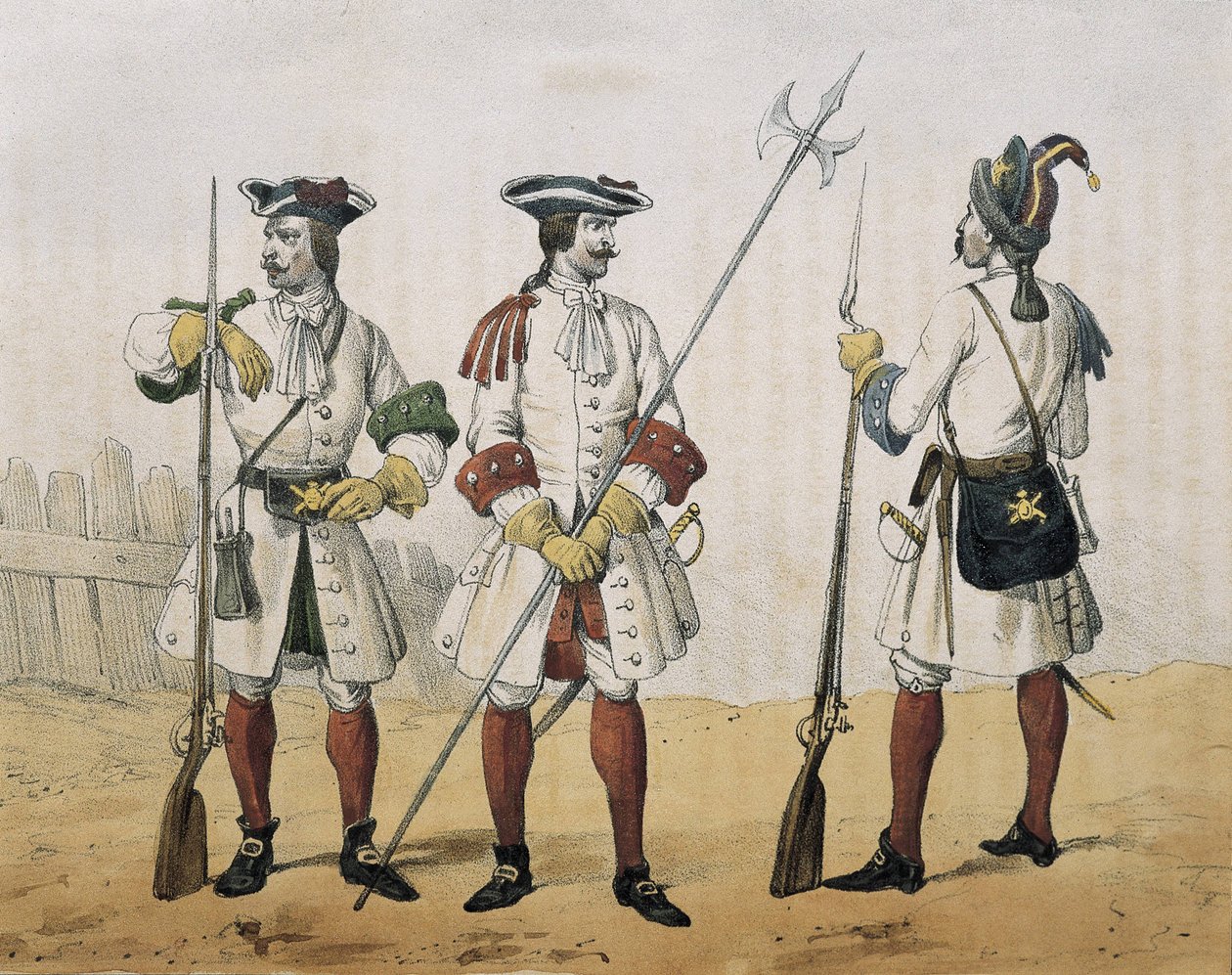 Geschichte der spanischen Infanterie- und Kavalleriewaffen, 1851-1859. Linieninfanterie während der Herrschaft von Philipp V. von Spanien. Schütze, Sergeant und Grenadier (1707-1718). Lithografie. Spanien. von Spanish School