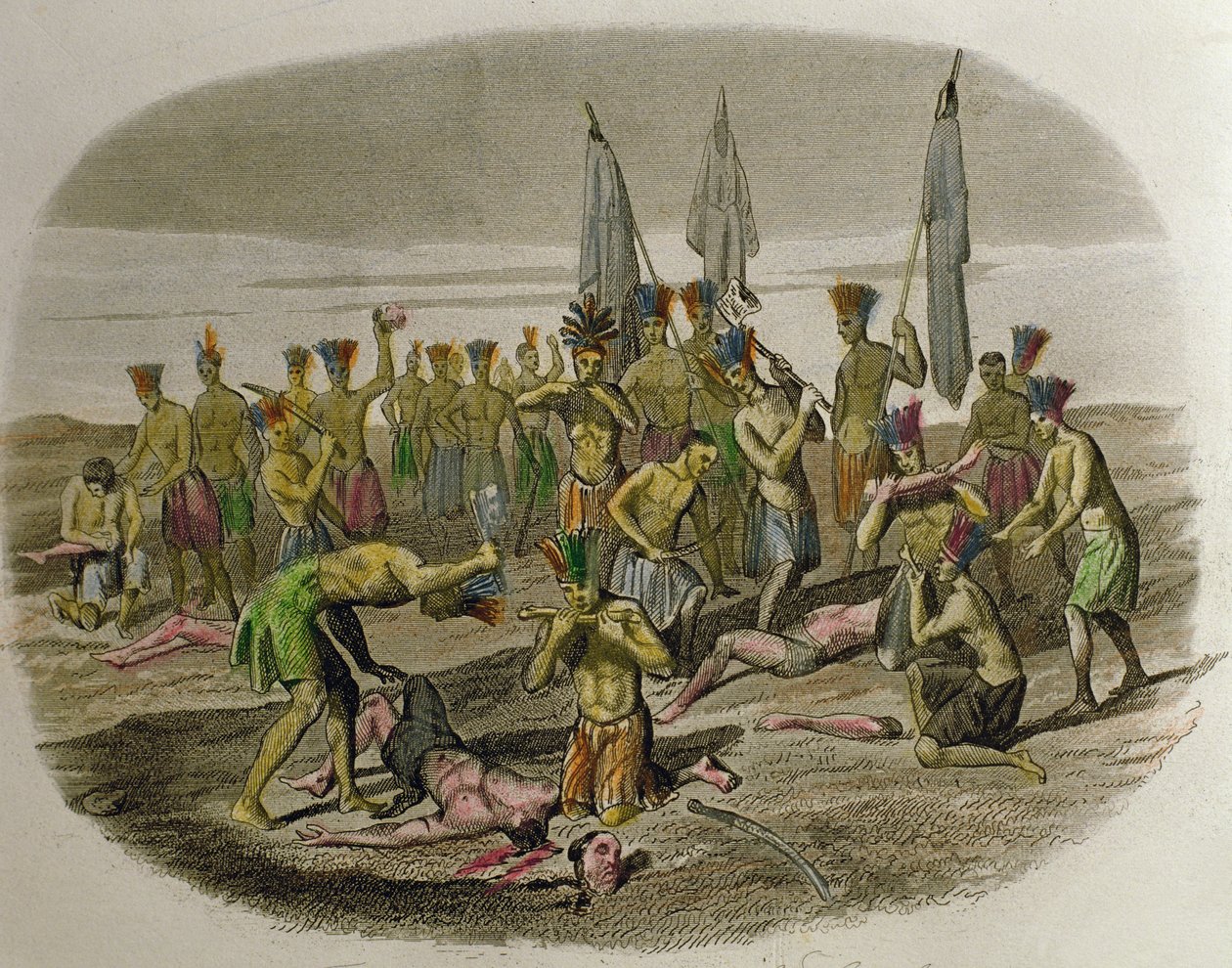 Tote Franziskanermissionare, zerstückelt und von karibischen Indianern verzehrt, die sie 1516 zu evangelisieren versuchten von Spanish School