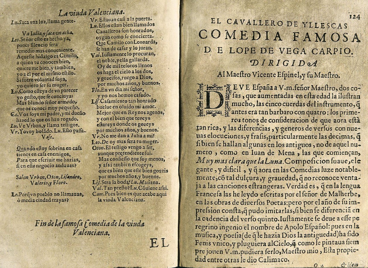 ESPINEL, Vicente (1550-1624). Spanischer Musiker und klassischer Dichter.; VEGA CARPIO, Felix Lope de (1562-1635). „El cavallero de Yllescas“, Komödie enthalten in „Parte catorze de las comedias de Lope de Vega“, Sammlung veröffentlicht in Madrid von der W von Spanish School