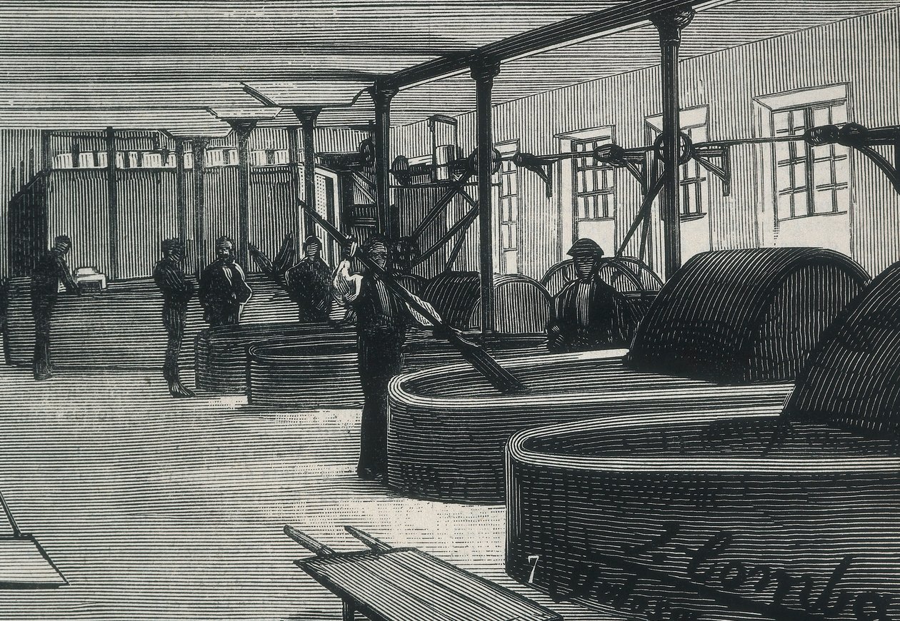 Wirtschaft (19. Jahrhundert). Papierfabrik in Spanien „La Guipuzcoana“. Zylindersaal und Wäscherei der Fabrik in Tolosa (Guipuzcoa). Gravur von Spanish School