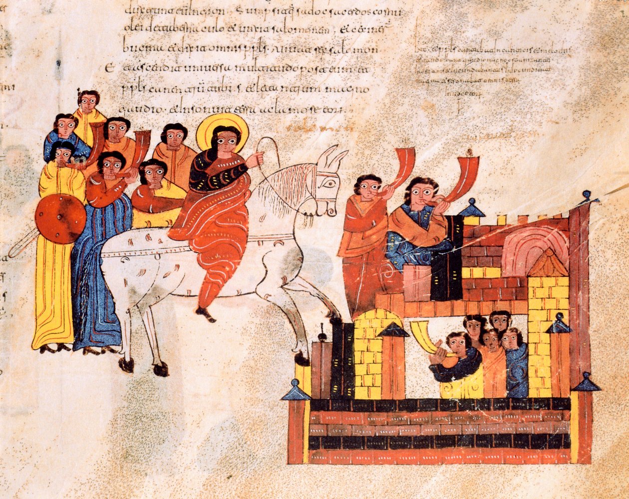 Einzug von König David in Jerusalem zum Klang der Trompeten, aus der Westgotisch-Mozarabischen Bibel von St. Isidores, fol.135r., 960 n. Chr. von Spanish School