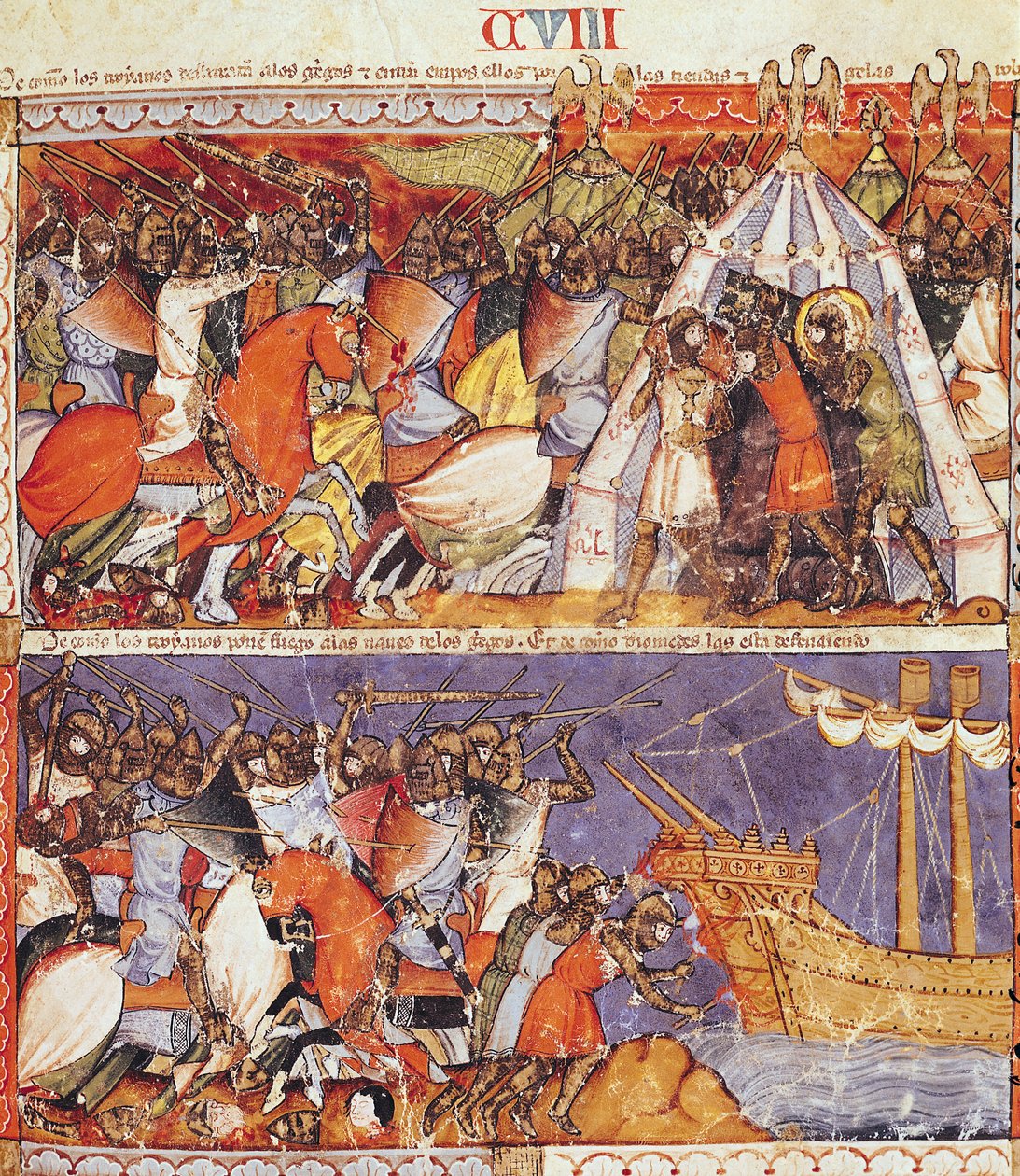 Fol.108r Die Trojaner greifen das griechische Lager an und setzen die griechischen Schiffe in Brand, aus dem Codex Benito de Santa Mora von Spanish School