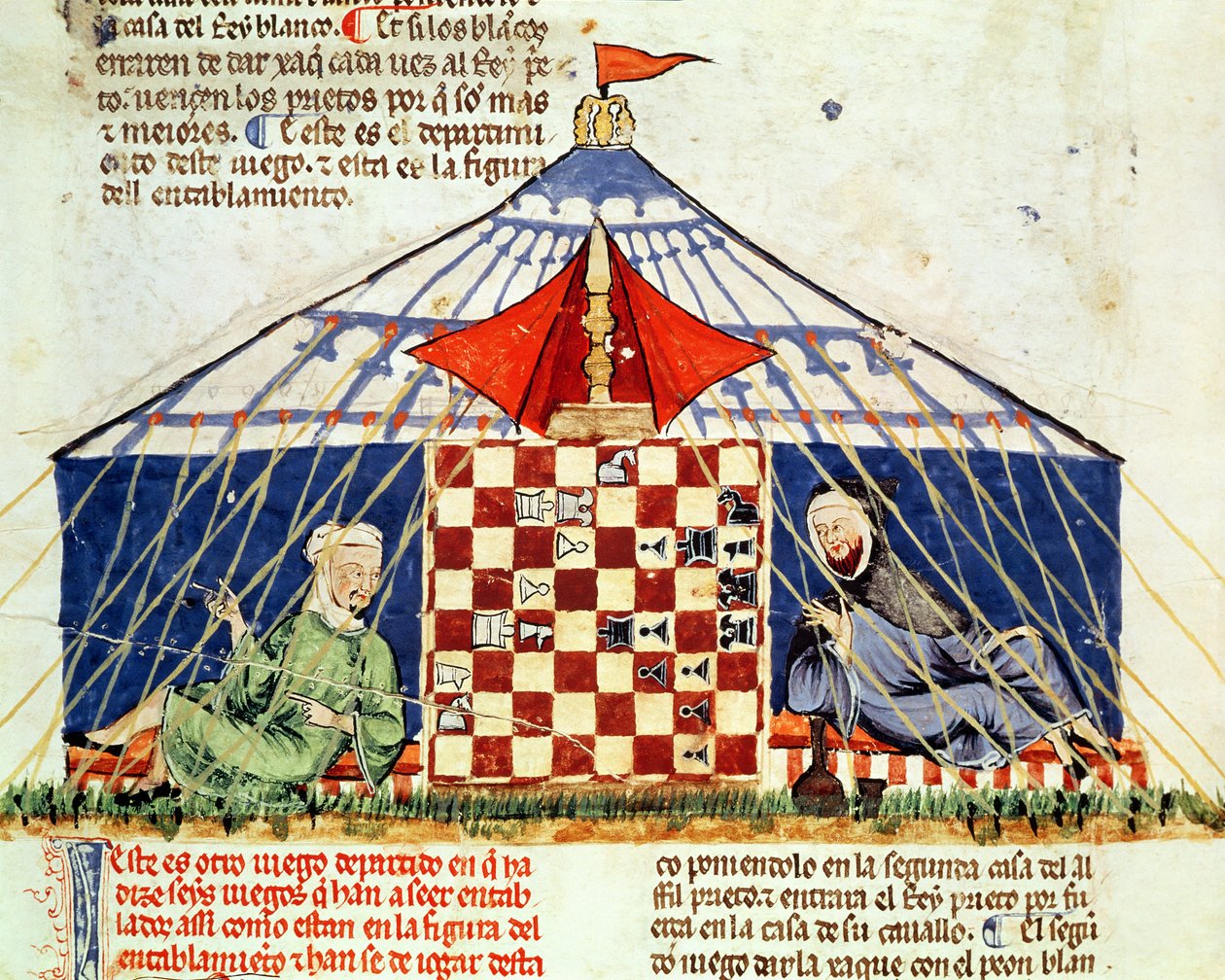 Fol.62v Zwei Araber spielen Schach in einem Zelt, aus dem Buch der Spiele, Schach, Würfel und Bretter, 1282 von Spanish School