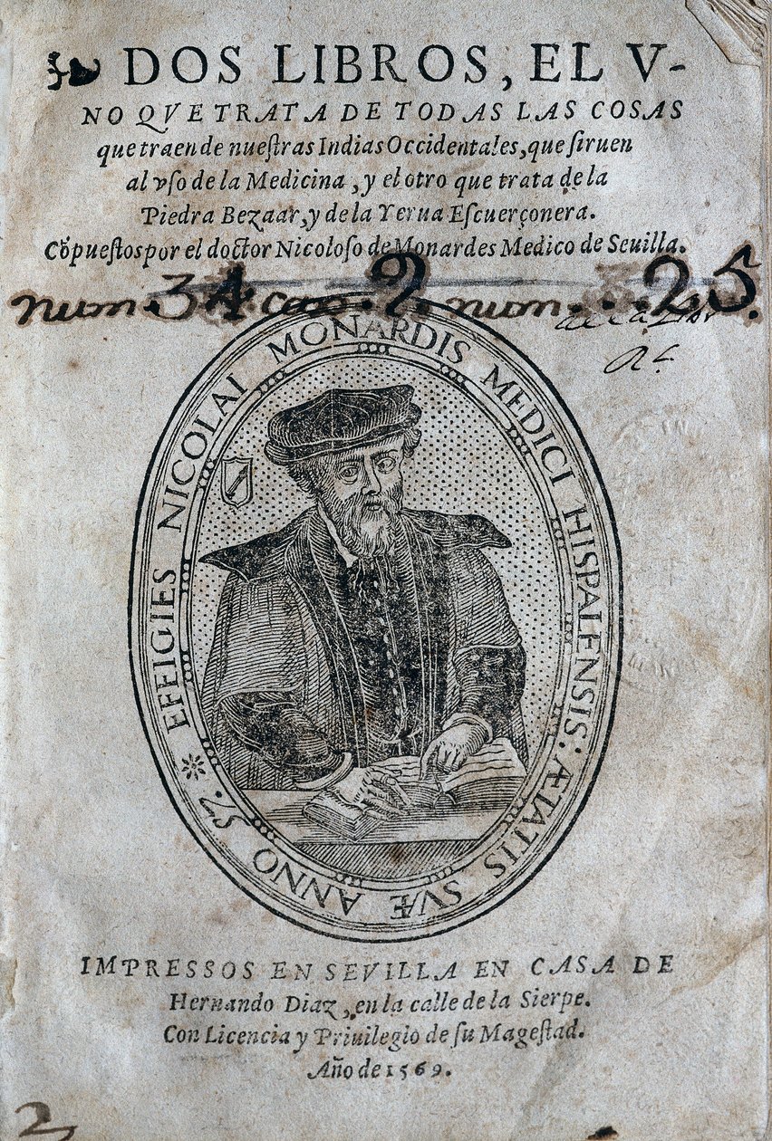 Frontispiz, mit dem Porträt von Nicolas Monardes (1493-1588) eines Medizinbuchs von den Inseln der spanischen Karibik und den Anwendungen des Bezoars (Gegengift). Werk von Nicolas Monardes, Ausgabe 1569, von Hernando Diaz, in Sevilla. Universitätsbibliothe von Spanish School