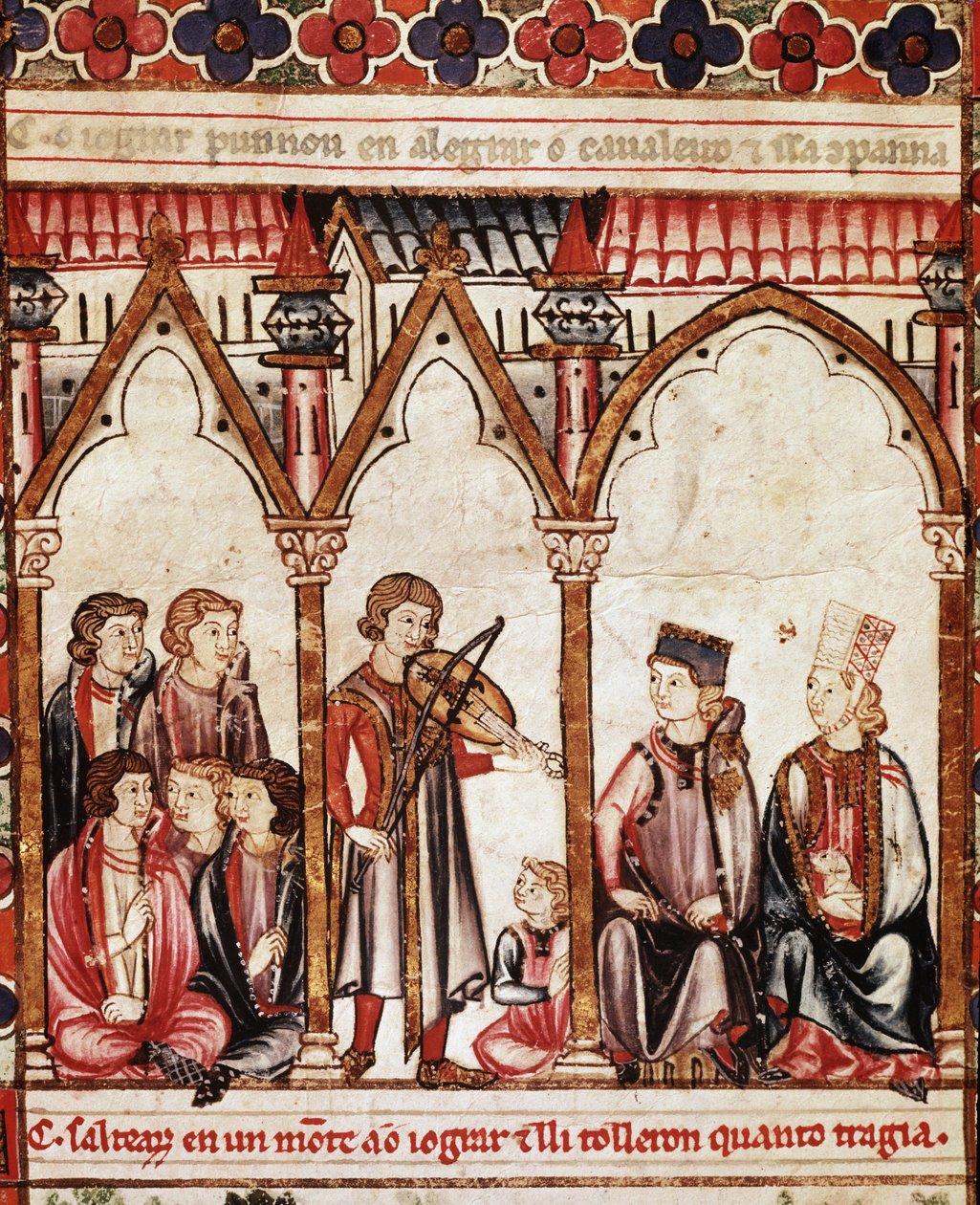 Gruppe von Troubadouren, Illustration aus „Cantigas de Santa Maria“, erstellt unter der Leitung von Alfons X. („Der Weise“) König von Kastilien und León (1221-84) - Der Hof des Königs und die Musiker. Miniatur aus einem Manuskript des Liedes von Santa Mari von Spanish School