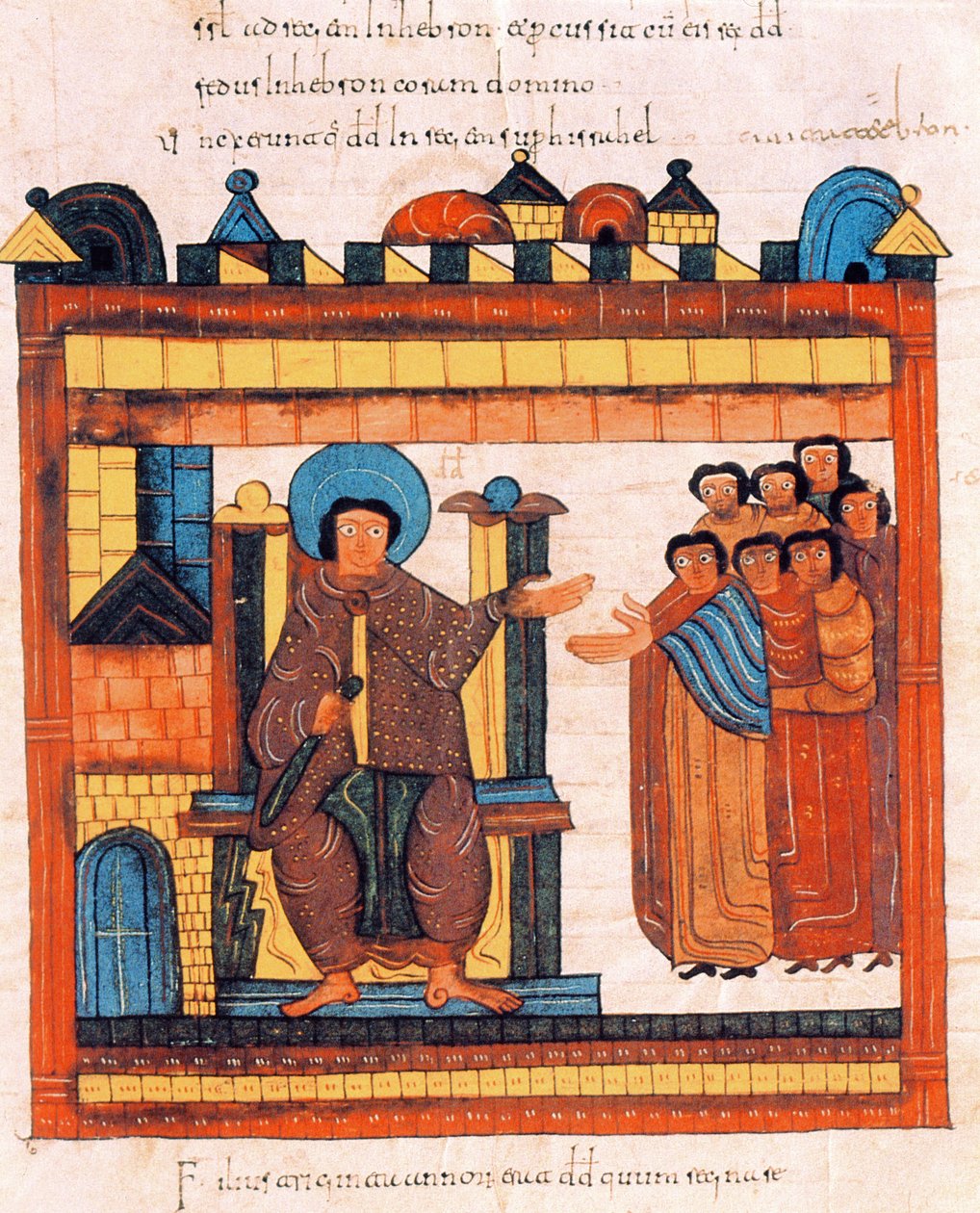 König David auf seinem Thron, umgeben von seinem Hofstaat, aus der Westgotisch-Mozarabischen Bibel von St. Isidores, fol.126r., 960 n. Chr. (Tempera auf Pergament) von Spanish School
