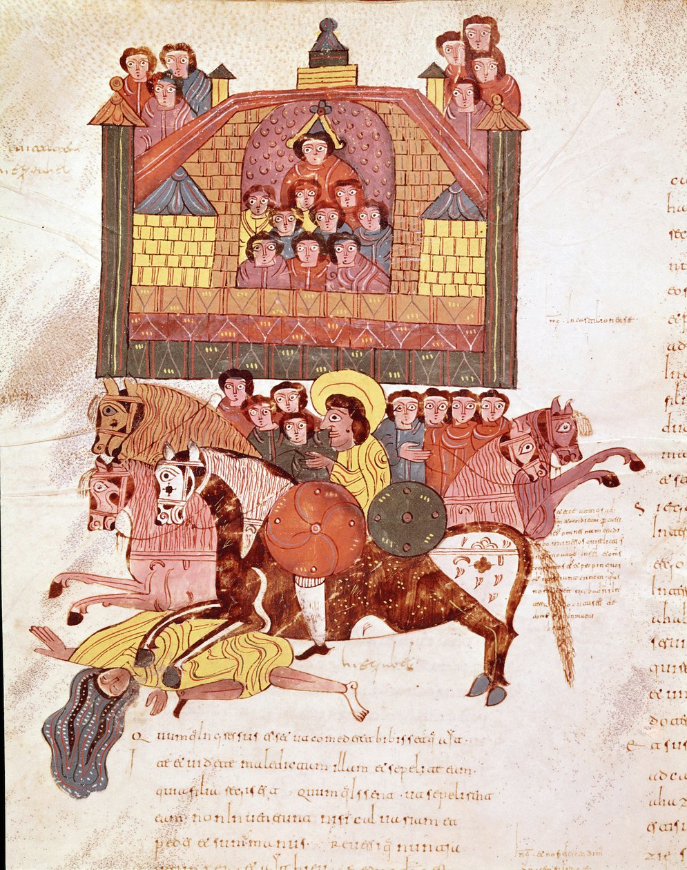 Mozarabische Bibelseite: Tod der Königin Isebel, Seite aus einer mozarabischen Bibel von Spanish School