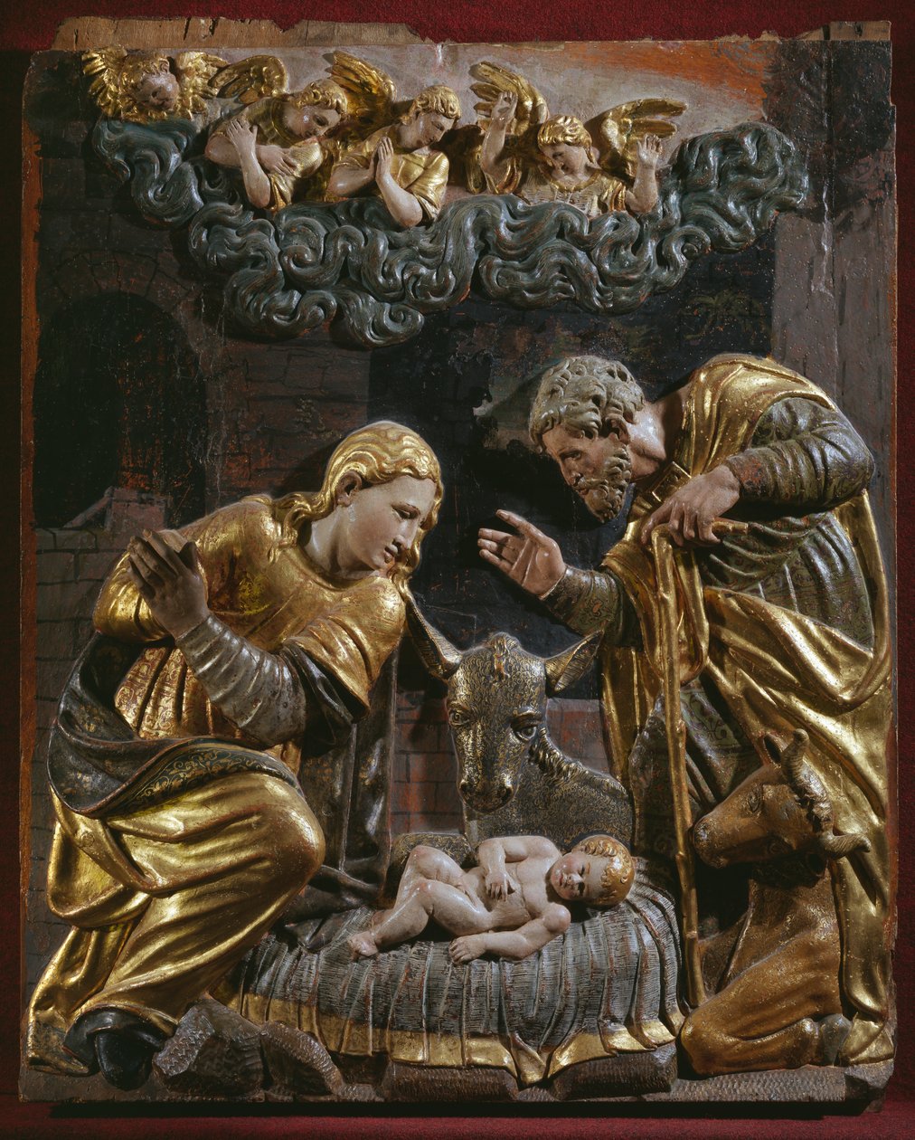 Geburt Christi, Detail eines Renaissance-Altars (bemaltes und vergoldetes Holz) von Spanish School