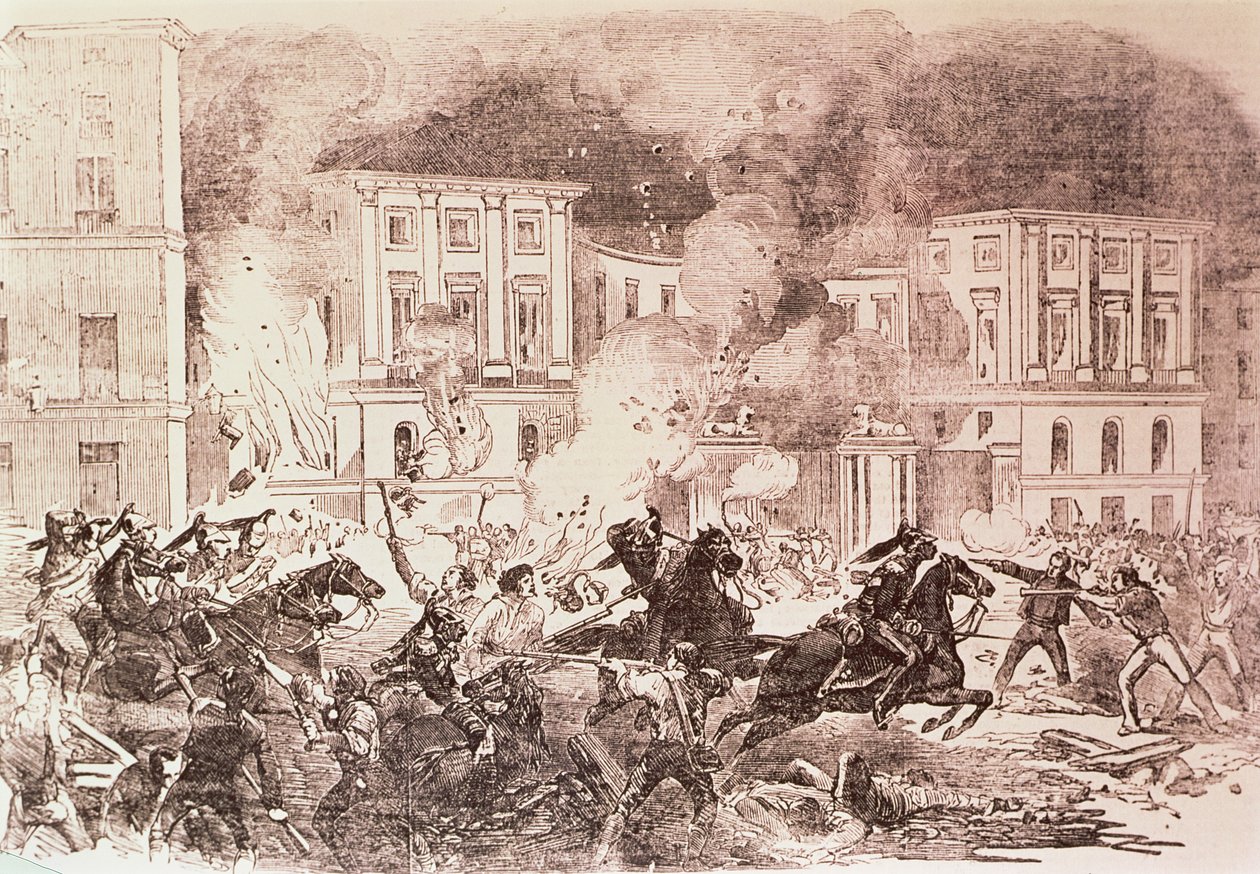 Volksaufstände in Madrid, die Aufständischen versuchen, den Palast von Königin Maria Christina im Jahr 1854 in Brand zu setzen von Spanish School