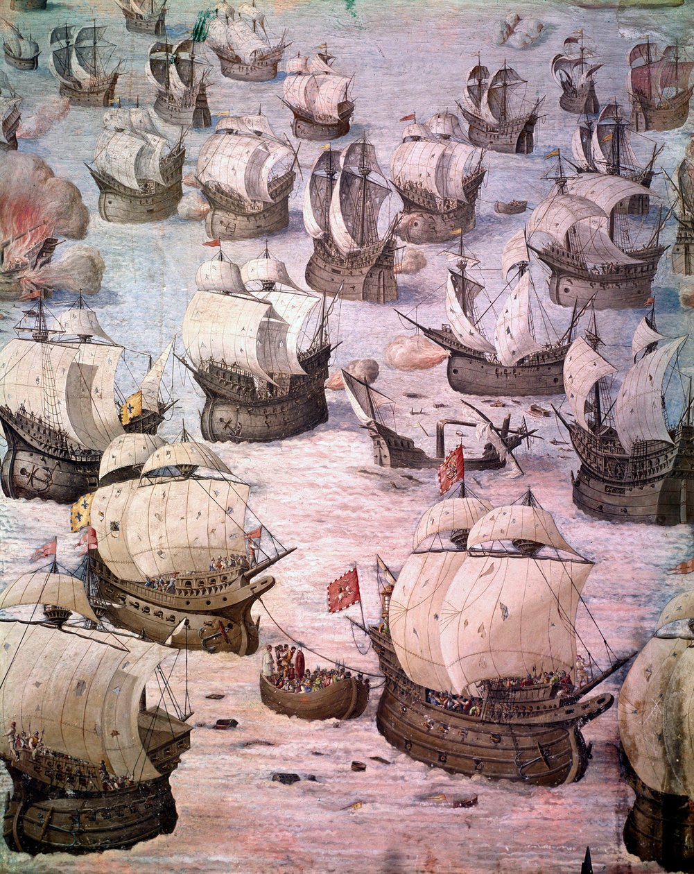 Regatta spanischer Galeonen während einer Expedition zu den Azoren im Jahr 1582 unter Philipp II., König von Spanien. Fresko des 16. Jahrhunderts. Schlachtensaal, Palast des Escorial, Madrid von Spanish School