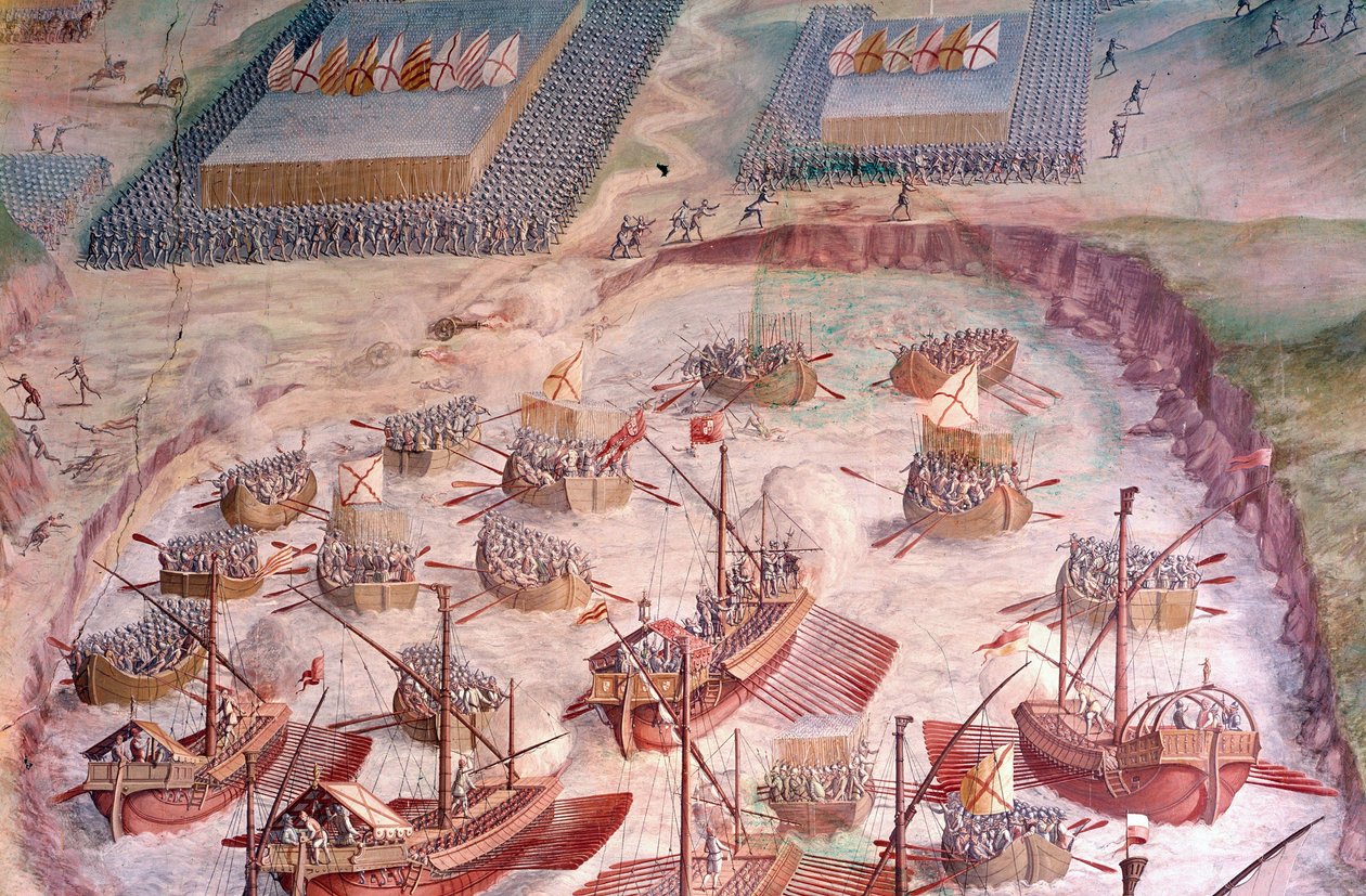 Regatta spanischer Galeonen während einer Expedition zu den Azoren im Jahr 1582 unter Philipp II., König von Spanien. Fresko des 16. Jahrhunderts. Schlachtensaal, Palast des Escorial, Madrid von Spanish School