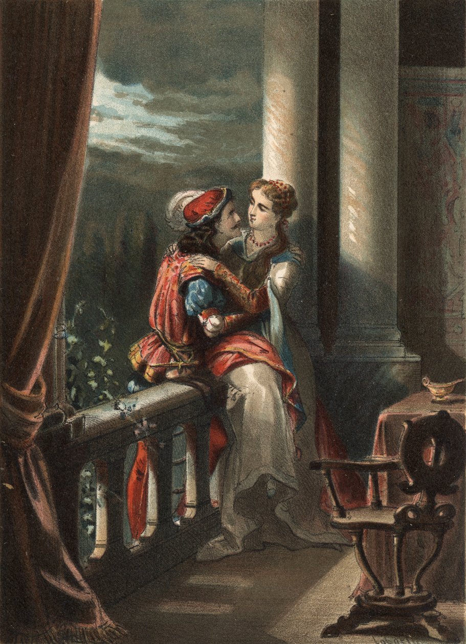 Romeo und Julia, eine Erzählung von Masuccio Salernitano (Masuccio de Salerno) aus dem späten 15. Jahrhundert. In „El Culto de la Hermosura“ von Juan Justo Huguet, Molinas Hermanos editores von Spanish School