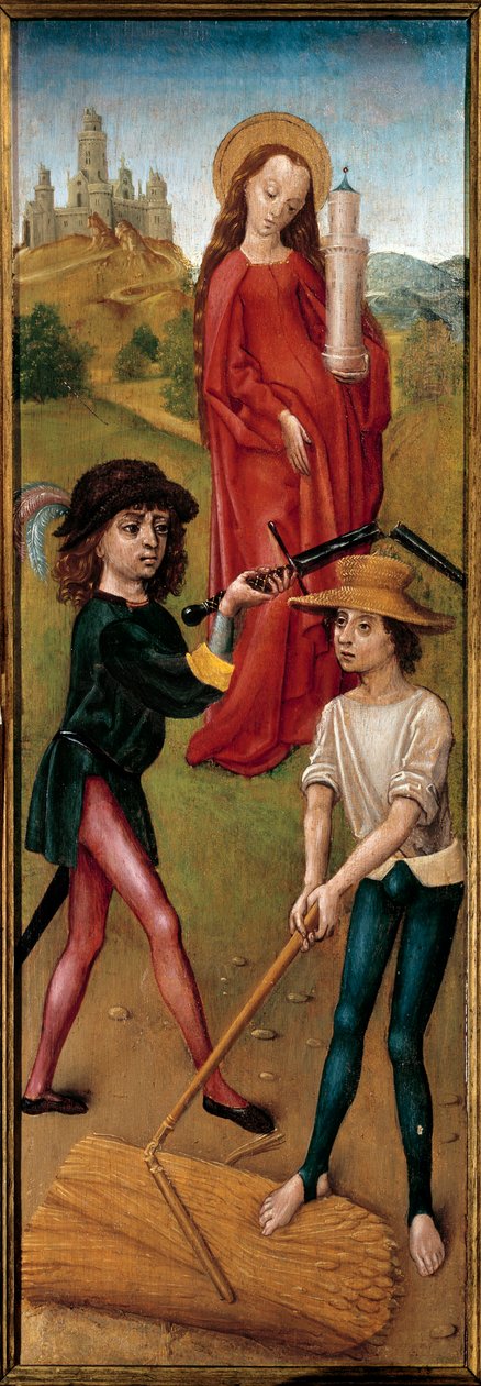 Heilige Barbara und zwei Bauern, die Getreide mähen von Spanish School
