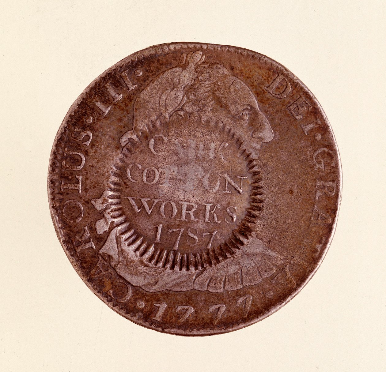 Silbermünze (8 Reales) aus Spanien: Herrschaft von Karl III (1759-1788) 1777 mit Gegenstempel von 1787. Neapel, Museo Archeologico von Spanish School