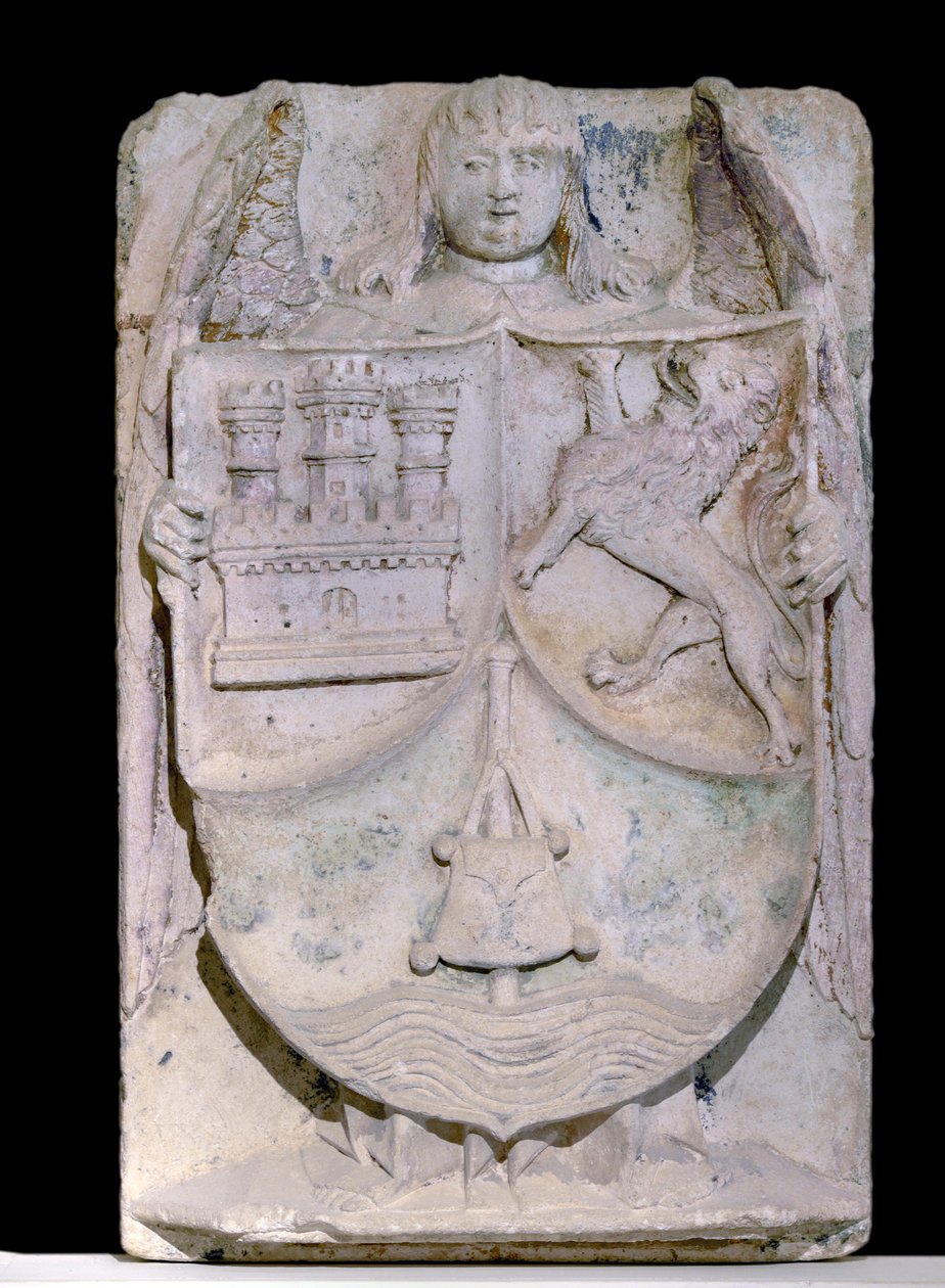 Spanisches Wappen des 14. Jahrhunderts: Wappen von Kastilien und León, der Pilgerstab erinnert an den heiligen Jakobus von Compostela, aufbewahrt in der Zisterzienserabtei von Fontenay, Burgund von Spanish School