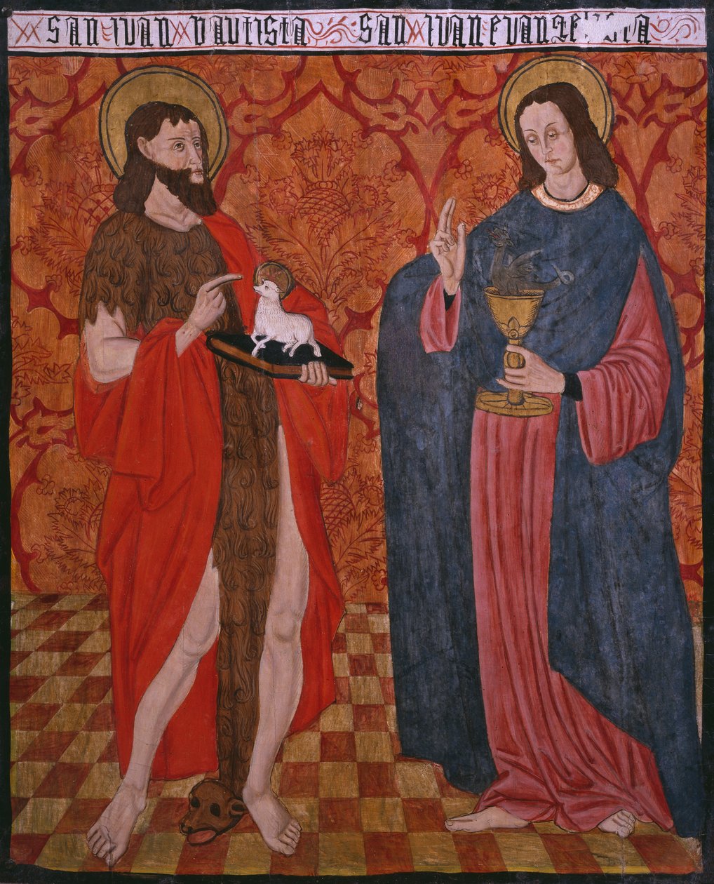 St. Johannes der Täufer und St. Johannes der Evangelist, Tafel aus der Kirche San Andres von Tortura, spätes 15. Jahrhundert - frühes 16. Jahrhundert (bemaltes Holz) von Spanish School