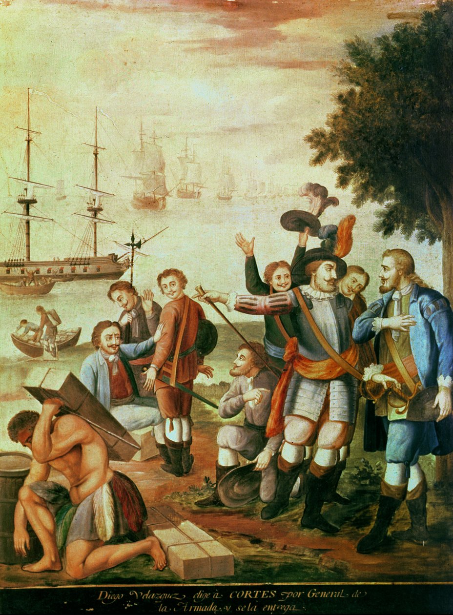 Die Eroberung von Mexiko: Diego Velasquez de Cuellar (1465-1524) wählt Hernando Cortes (1485-1547) als General der Armada und gibt ihm das Kommando von Spanish School