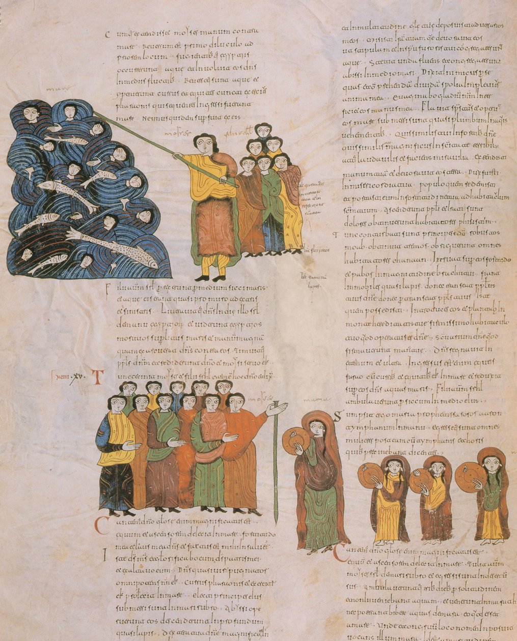 Der Durchzug durch das Rote Meer und der Tanz der hebräischen Frauen zum Klang der Tamburine von Moses und seinen Begleitern, aus der Westgotisch-Mozarabischen Bibel von St. Isidores, fol.39., 960 n. Chr. (Tempera auf Pergament) von Spanish School