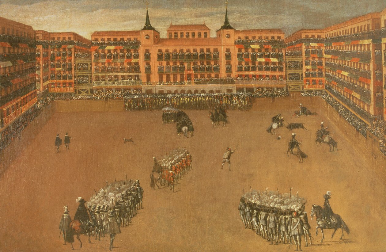 Der Hauptplatz in Madrid während des Festes des großen Stiers von Spanish School