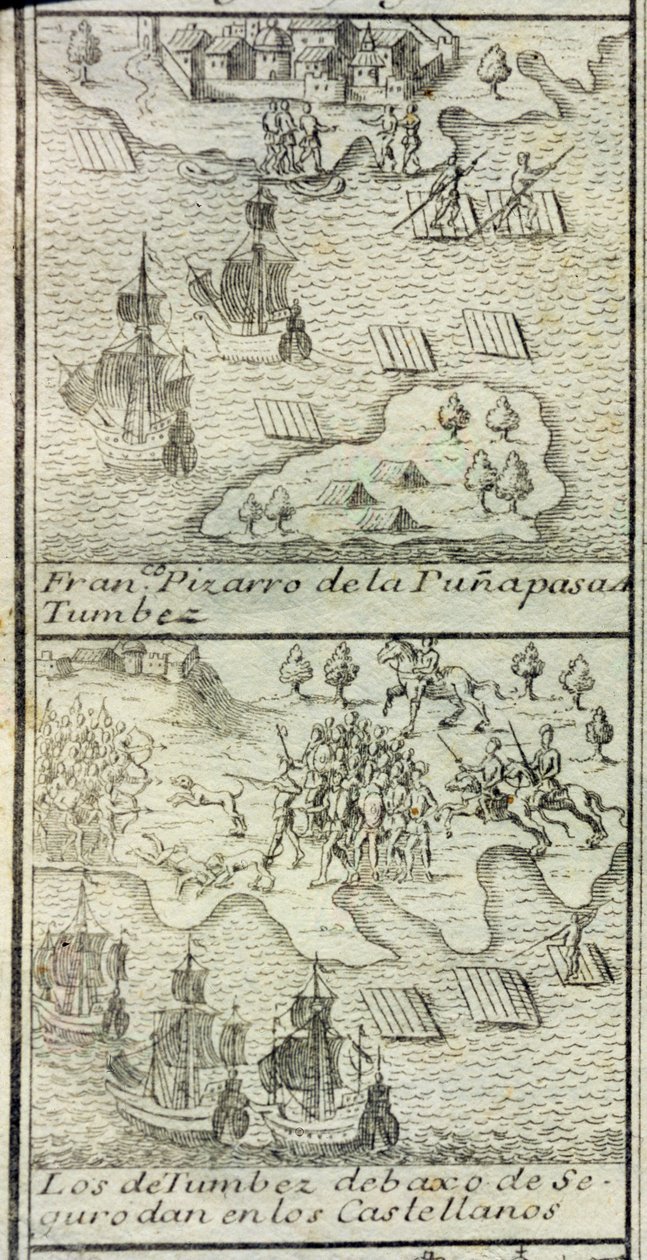 Die Ankunft von Francisco Pizarro mit 180 Männern und drei Schiffen in Tumbes von Spanish School