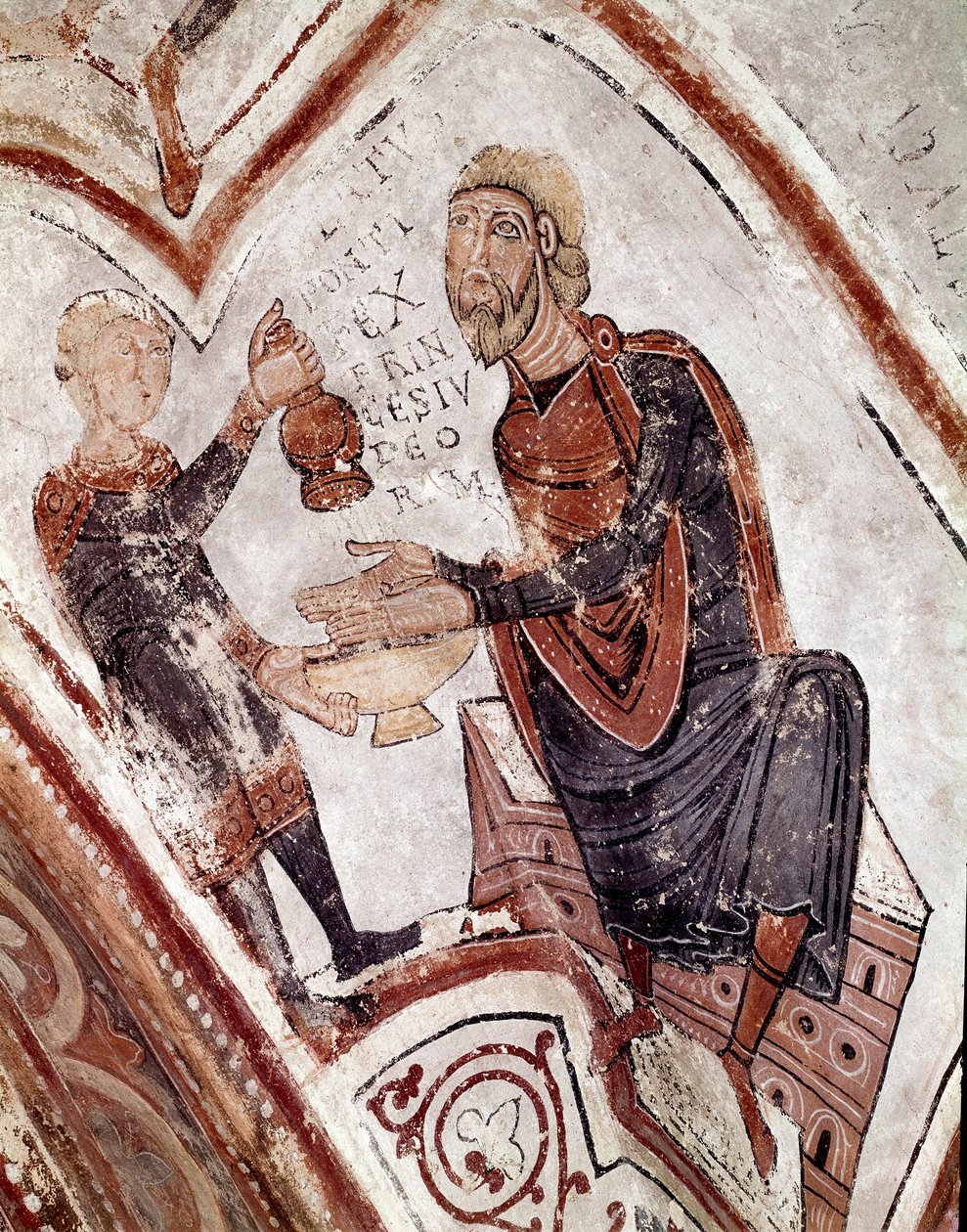 Der Zyklus der Monate: Pontius Pilatus wäscht seine Hände. Detail eines Freskos aus dem 12. Jahrhundert im Königlichen Pantheon der Real Colegiata von San Isidoro von Spanish School