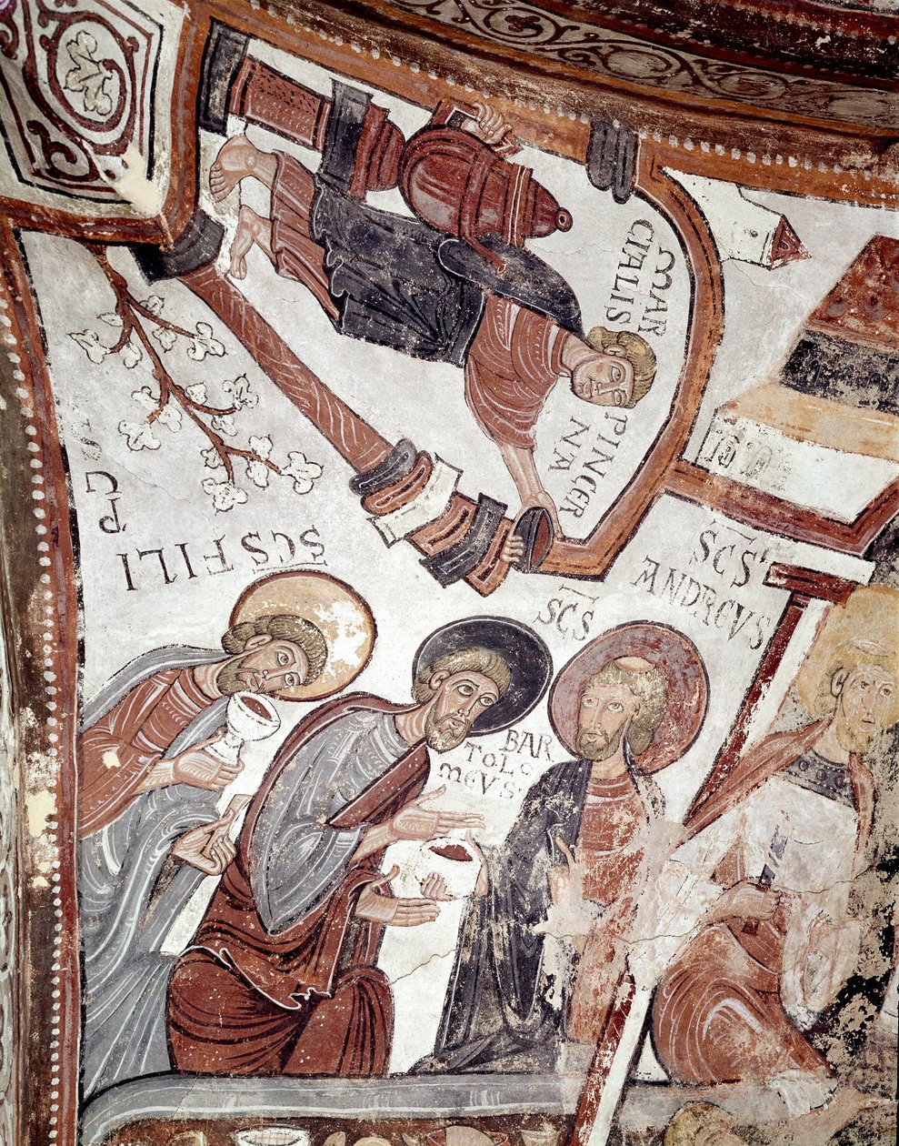 Der Zyklus der Monate: ein Diener bietet den Aposteln (St. Andreas, St. Bartholomäus und St. Philippus) ein Getränk an. Detail eines Freskos aus dem 12. Jahrhundert im Königlichen Pantheon der Real Colegiata von San Isidoro von Spanish School