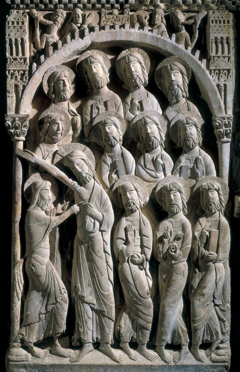 Der Unglaube des Heiligen Thomas. Skulptur des Meisters von Saint Dominic von Silos (12. Jahrhundert). Relief auf Stein von Spanish School