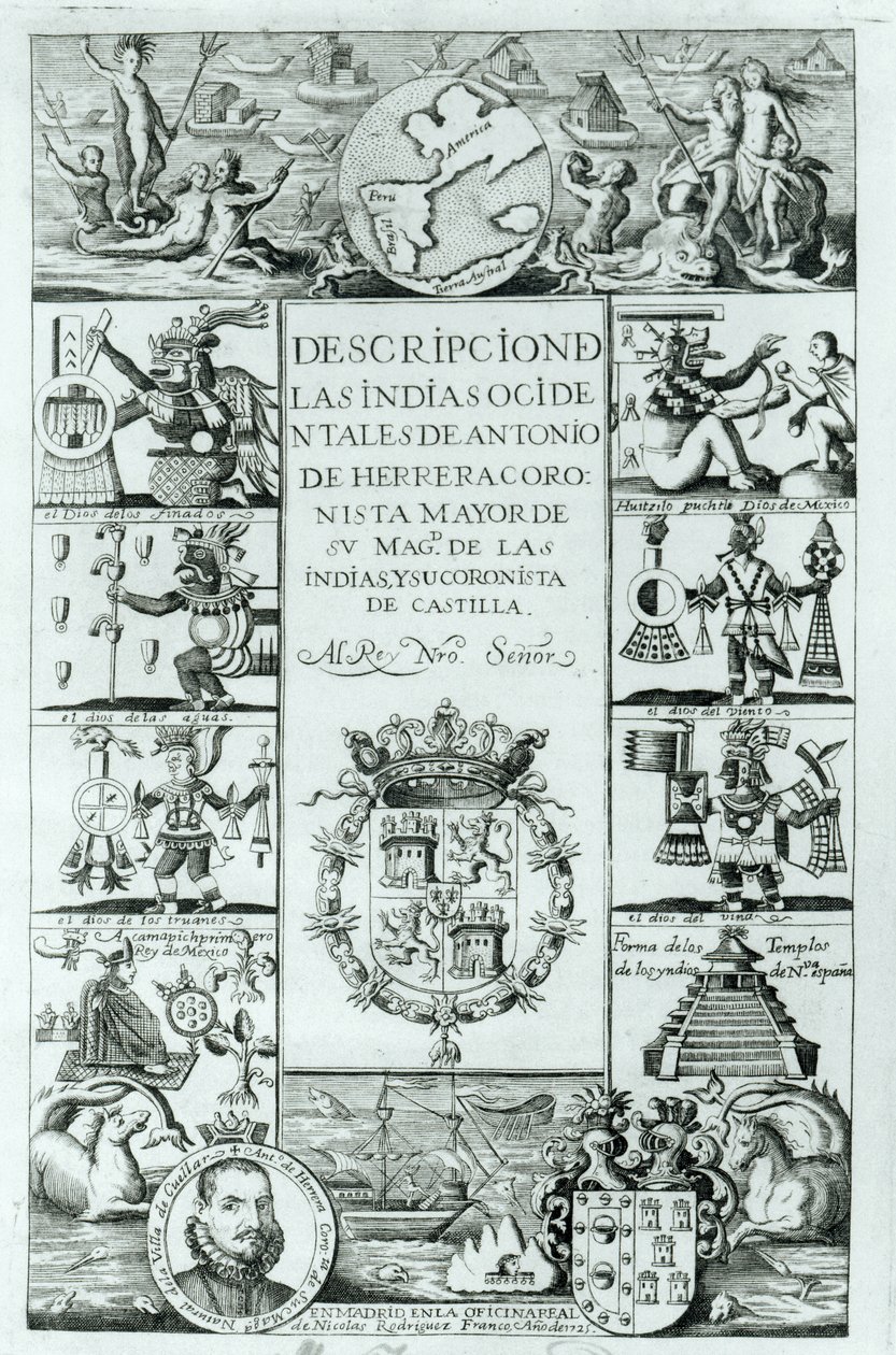 Titelseite von Descripcion de las Indias Ocidentales von Antonio de Herrera y Tordesillas, Madrider Ausgabe, 1725 von Spanish School