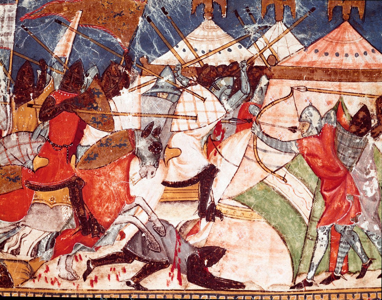 Trojanischer Krieg: Trojaner überfallen das Militärlager der griechischen Krieger. Detail einer Miniatur aus dem spanischen Manuskript „Codex Benito de Santa Mora“ von Spanish School